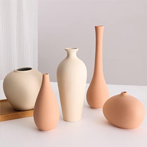 Conjunto de vasos de cerâmica de 5, pequenos vasos de flores para decoração de casa rústica, decoração moderna da fazenda, decoração
