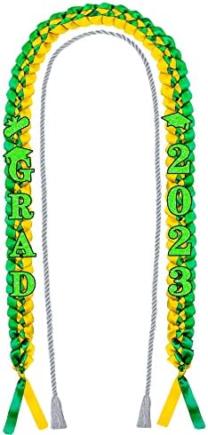 2023 Lei de fita de graduação e colar trançado de cordão de honra - Green Gold Handmade Grad Grad Lei com Glitter