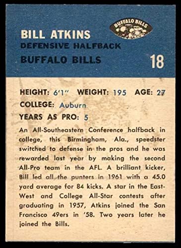 1962 Fleer 18 Bill Atkins Buffalo Bills VG/Ex Bills Auburn