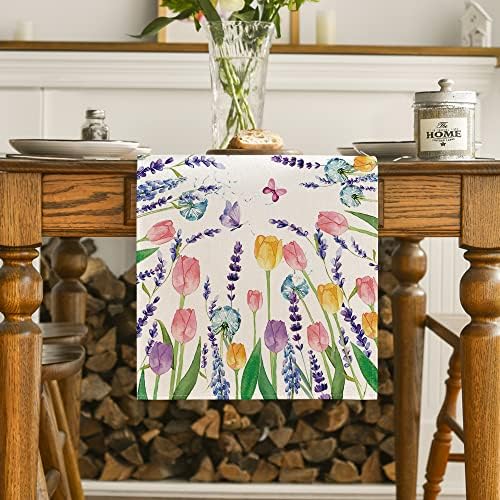 Modo Artóide Tulipe Lavender Summer Table Runner, decoração sazonal de mesa de jantar de cozinha de primavera para decoração