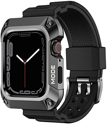 Lkurui Watch Bands Case compatível com Apple Watch Series 8/7/6/5/4/SE, Case de proteção de discagem de metal robusta com bandas de tira TPU 44/45mm