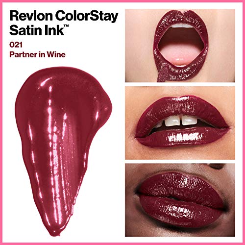 Lipstick líquido por Revlon, maquiagem de rosto, tinta de cetim de coloria, cores de lábios ricos em roupas de longa, formuladas com óleo de semente de groselha preta, 021 parceiro em vinho, 0,17 fl oz
