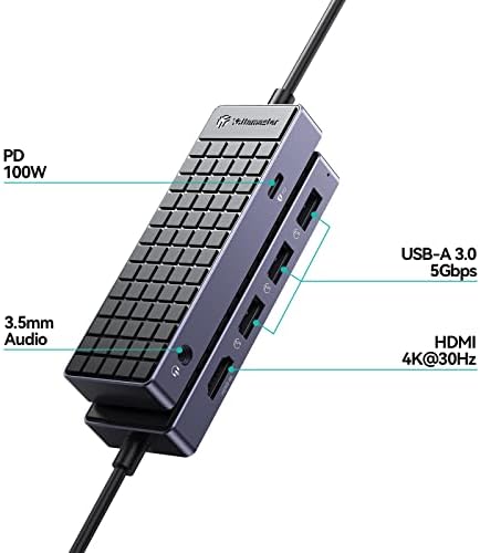 Yottamaster USB C Adaptador HDMI Hub, adaptador multitor de hub de 6 em 1 USB C com 4K HDMI, USBA 3.0, 100W PD, áudio de 3,5 mm,