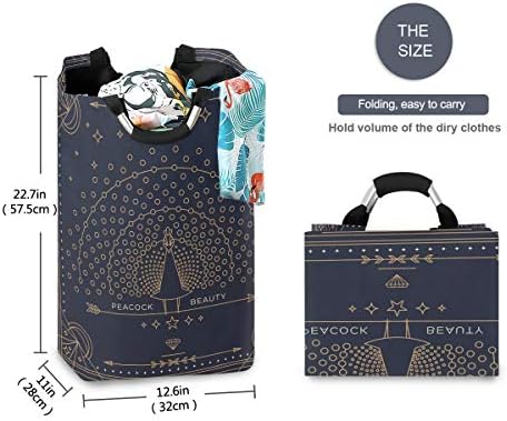 Yyzzh geométrico pavão vintage linha fina retro diamante lua estrela em azul escuro grande lavanderia bolsa de cesta de cesta de compras