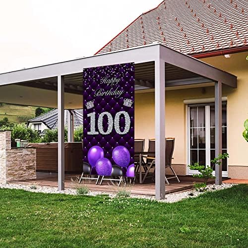 Feliz aniversário de 100º aniversário Banner roxo Booth Booth Props Balões Decoração de Tema Coroa de Prata para Mulher