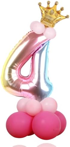 32 Tamanho grande Rainbow Número 4 Conjunto de balões, balão digital de cor gradiente para decoração de aniversário infantil, decorações de festas de aniversário de 4 anos.