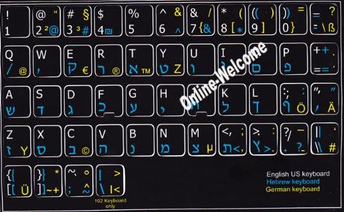Adesivo de teclado inglês alemão hebraico não transparente letras pretas