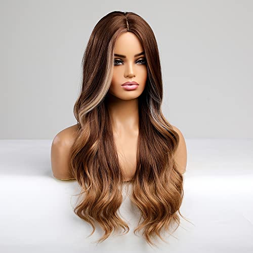 Monler Long Wavy Wig ombre Brown perucas para mulheres sintéticas onduladas de mel de cabelo castanho perucas médias parte resistente ao calor fibra para uso diário de festas de 26 polegadas