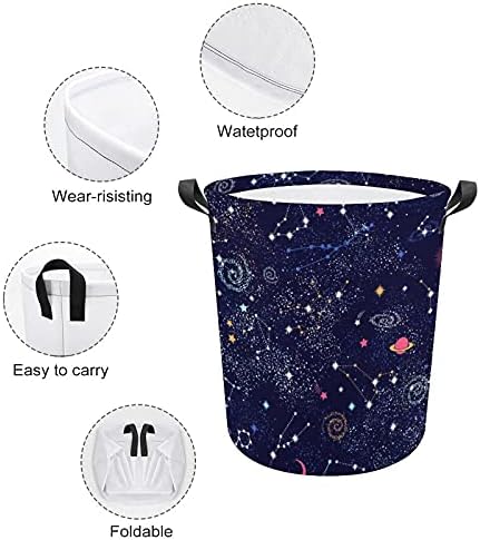 Space Galaxy Constellation Zodiac Star Laundry Saco com alças cesto de armazenamento à prova d'água redonda de 16,5