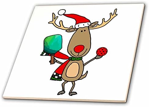 3drosrose engraçado Rudolph Reindeer praticando desenhos animados de Natal de esportes de pickleball - azulejos