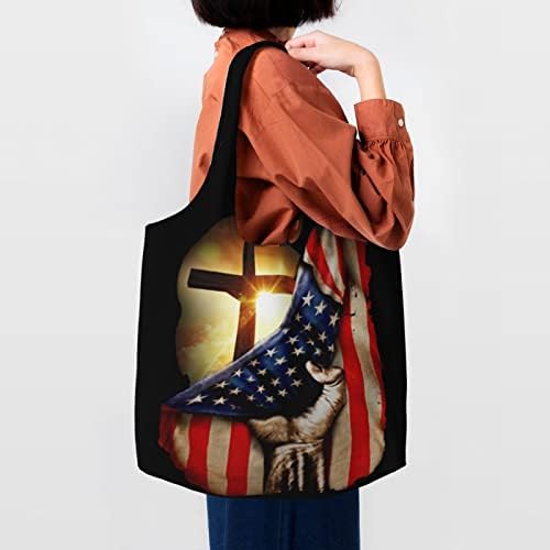 Cristianismo Americano Bandeira Patriótica Cruzada Bolsas de Bolsas Reutilizáveis ​​para Mulheres Diárias ou Homens