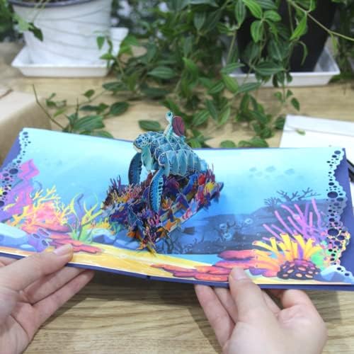 Pop -up fofo - Mamãe Azul e Tartarugas Pop -Up Cartão - Cartão Pop -Up Made 3D, cartão de aniversário da tartaruga marinha, cartões