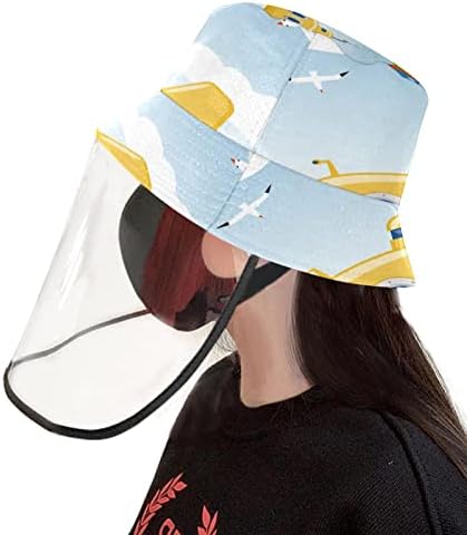Chapéu de proteção para adultos com escudo facial, chapéu de pescador anti -sun tap, desenho animado do céu de avião de balão