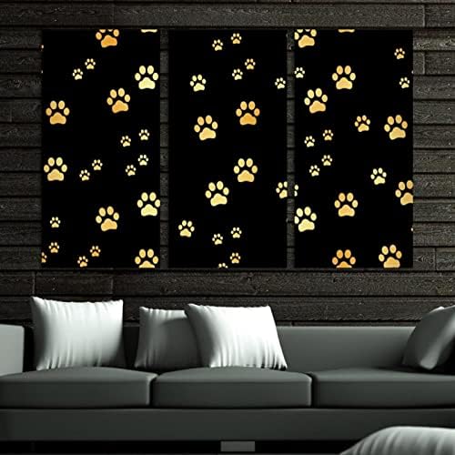 Arte de parede para sala de estar, pegadas de ouro animal Padrão de pata de cachorro Padrão emoldurado Pintura a óleo