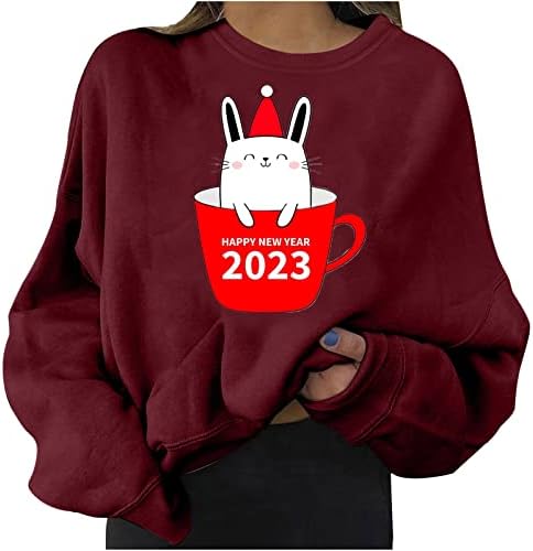 OPLXUO Ano Novo Chinês do Rabbit 2023 Sorto para mulheres Moda Moda Longa Pullover gráfico fofo Tops Tees