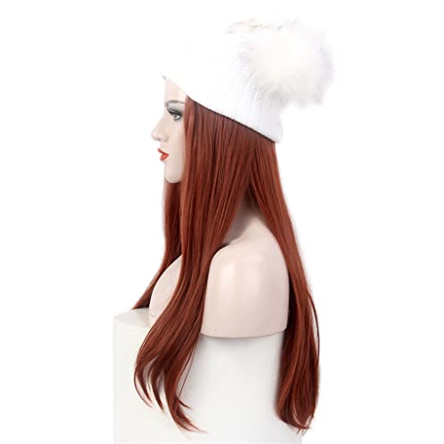 Yfqhdd ladies chapéu de cabelo branco chapéu de bola dupla peruca inverno quente e reto chapéu de peruca vermelha reta