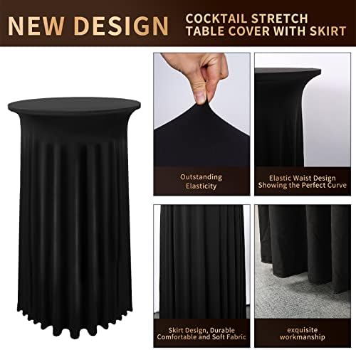 2 pacotes saia de mesa redonda de coquetel 24 x 43 Black Spandex Cascas de mesa de cocktail com cortinas onduladas, toques