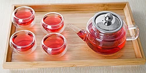 Bule de chá liso Prettyard Glass w/aço inoxidável Infusor +4 Pequena xícara de chá + bandeja de bambu