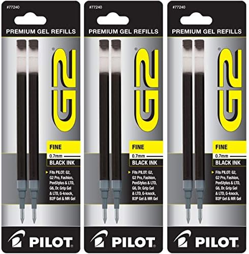 Reabastecimento de tinta em gel piloto para G2, Dr. Grip, Execugel G6, Q7, Ponto Fine, Ink Black, 6-Pack