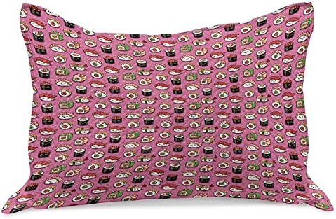 Ambesonne Wasabi malha de colcha de travesseiros, estilo contínuo de sushi japonês de kawaii com rostos sorridentes, capa padrão de travesseiro de tamanho queen para quarto, 30 x 20, rosa e multicolor
