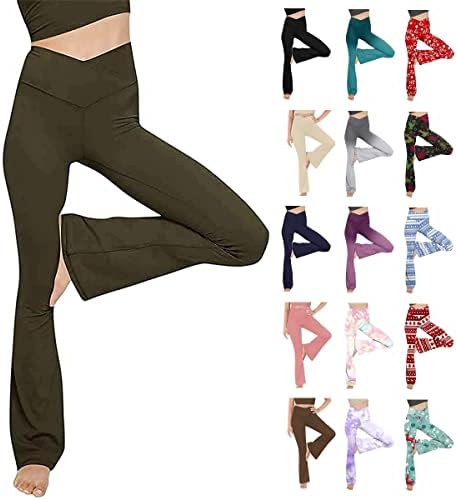 Mmoneyake Womens Casual Flare Yoga Pants V Crossover Alta Coloqueira Pantagem de Yoga Ponta de Leggings pernas largas