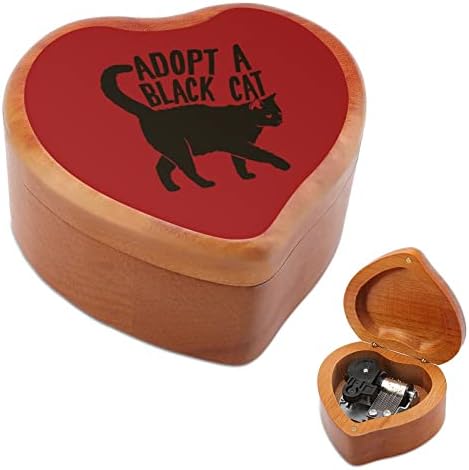 Caixa de madeira de gato preto Caixa de música da forma de coração