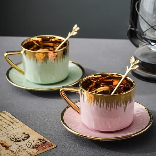 Jimiruigro Pink Ceramic Coffee Canecas com pires & colher, 7,4 onças de porcelana xícaras de chá com alça de borda dourada