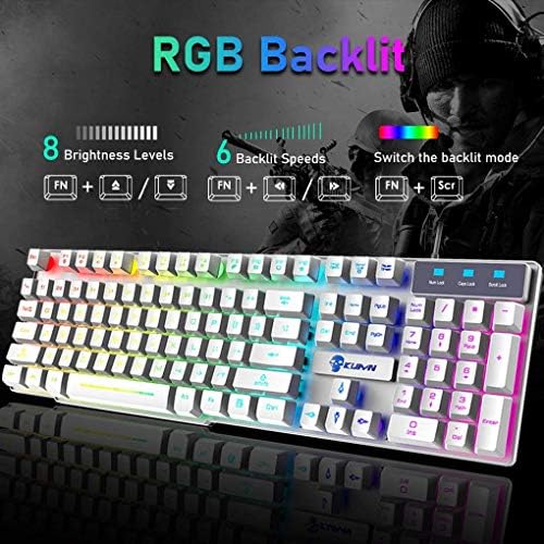 Kuiying Gaming Teclado e mouse combinam, teclado de retroiluminação de arco -íris RGB com teclado com Wired PC+botões 2400dpi 6 Botões Rainbow LED Gaming Mouse+Mouse Pads para PC PS4, 20,9 x 6,1 x 2,1