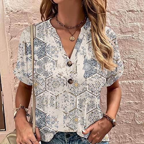CFDRFGH Summer moda Floral Print T-shirts Tops Mulheres Manga curta Two Buttons V Neck Trendy Casual Tee Bloups
