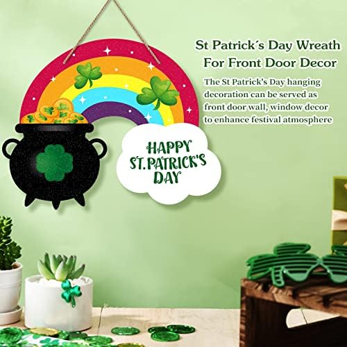 Facraft Happy St.Patricks Day Door Sign Rainbow Shamrock Clover Wreath Sign para a porta da frente São Patrício de