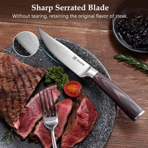 Facas de bife Paudin Conjunto de 6, Kitchen Steak Knives 5,25 polegadas, Knife de aço inoxidável de alto carbono Conjunto de bife, facas