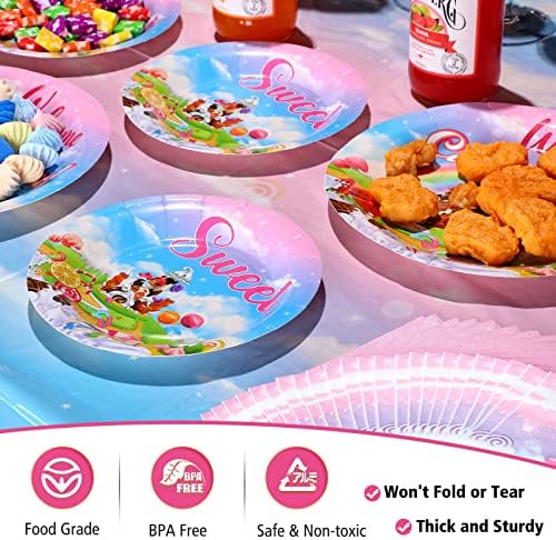 171pcs Candyland Donut Party Supplies para 24 convidados Candy Land Party Tabelware Inclui placas descartáveis ​​guardanapos de copos Banner Banner Tonela Faca