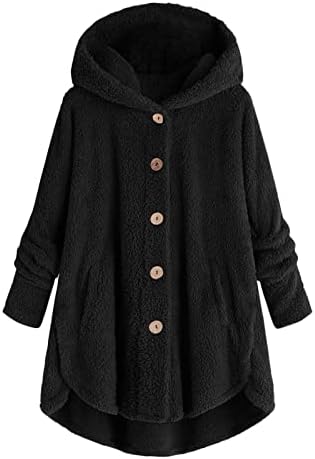 Jaqueta de lã Mulheres, inverno quente e tamanho fofo botão para baixo com capuz casaco com casacos casuais com capuz felpudos