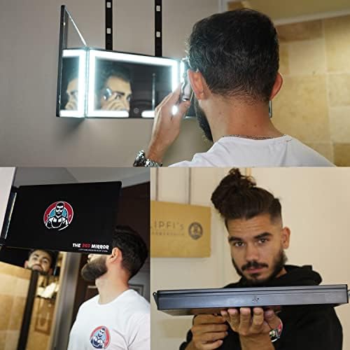LipfisBarbershop.com espelho grande de 3 vias com ganchos de LED e metal - espelho 360 para corte de cabelo - espelho de cabelo próprio com ganchos para cortar seu próprio cabelo