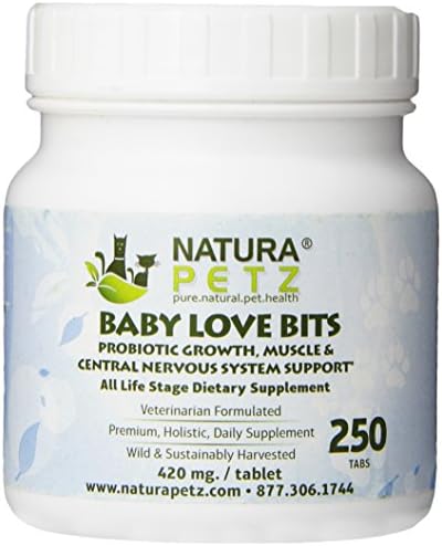 Natura Petz Baby Love Bits Crescimento Probiótico, Suporte Central do Sistema Nervoso para animais de estimação, 250 comprimidos, 420mg por comprimido
