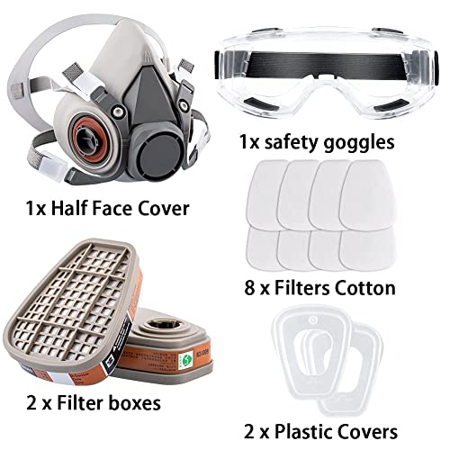 Respirador reutilizável Máscara de gás de capa de face com óculos de segurança, filtros para pintura, química, vapor orgânico,