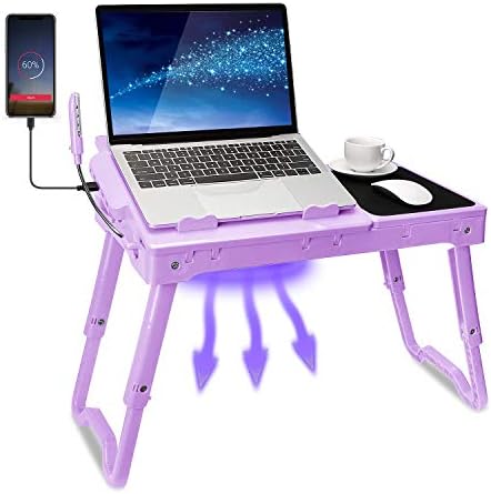 Mesa do laptop Teqhome para cama, mesa de laptop ajustável com ventilador, mesa de volta portátil com pernas dobráveis, suporte