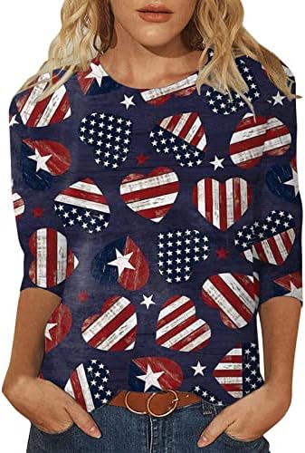 4 de julho Camisas para Women USA Flag Summer 3/4 Sleeve Crewneck camisetas de três quartos de luva de férias top de blusa casual