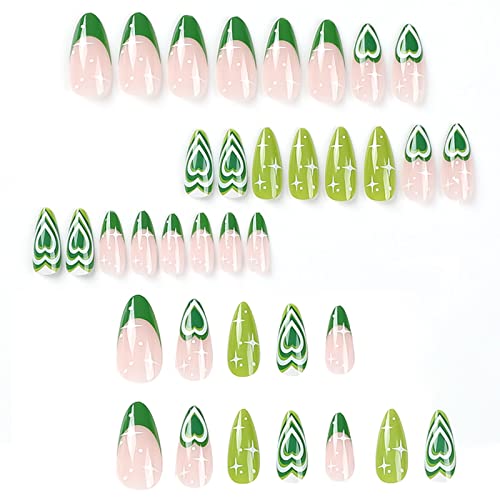 Naiska, dia dos namorados, prenda unhas de comprimento médio unhas falsas acrílico em forma de coração verde requintado capa
