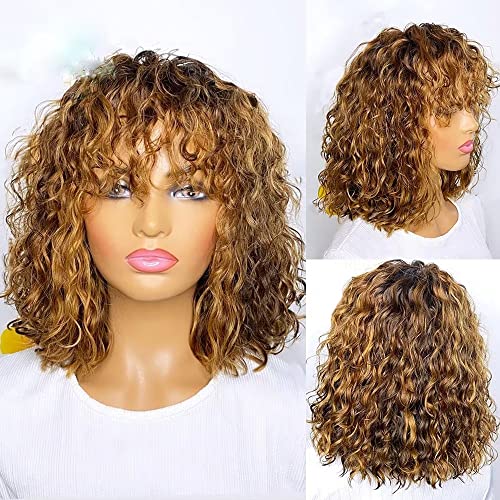 Cabelo brasileiro 13x4 HD Lace Fronteiro Cabelo humano Cabelo invisível ombre frontal Mel 1b#4/77 Color Pixie Wig curto curto com franja pré -arrancada de galho de gluia peruca 150% de densidade 16 polegadas