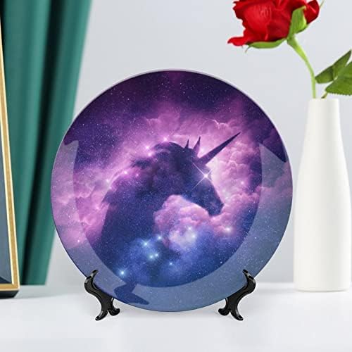 Unicorn Galaxy Nebula Cloud Funny Bone China Decorativa Placas redondas Placas de cerâmica Artesanato Com exibição Stand for Home Office Wall Decoration