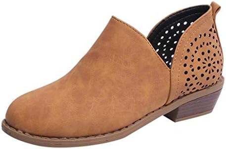 Botas de couro para mulheres com calcanhar baixo Botas de boca Botas cor de dedo oco de pé sólido redondo botas de botas de