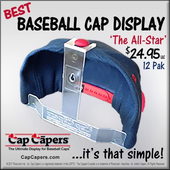 Cap Capers® Baseball Cap Display; Chato de chapéu montado na parede; Baseball Cap Storage & Organization; Ótimo para colecionadores