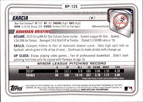 2020 Prospects de Bowman BP-125 Deivi Garcia New York Yankees RC Rookie MLB Baseball Trading Card