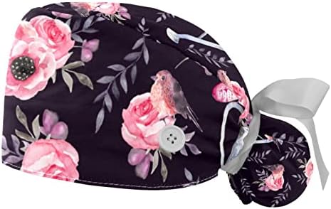 2pcs Capinho de trabalho com fita de botão Back Painted Pink Flowers Padrão padrão Chapéus de bolsa de rabo de cavalo preto para mulheres