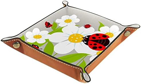 Bandeja de manobrista de couro, bandeja de dados suporte quadrado dobrável, placa organizadora de cômoda para trocar a chave da moeda, o animal de flores do desenho animado da primavera