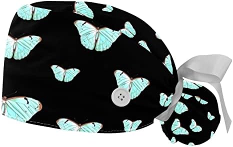 Capas médicas para mulheres com botões cabelos longos, tampa de trabalho ajustável de 2 peças, padrão de borboleta azul