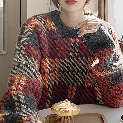 Suéteres vintage de impressão xadrez para mulheres de manga comprida no pescoço de malha de malha de malha de malha de malha de malha de malha de malha
