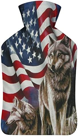 Bandeira da bandeira americana Wolf garrafa de água quente com tampa macia 1l grande saco de quente clássico para os pés