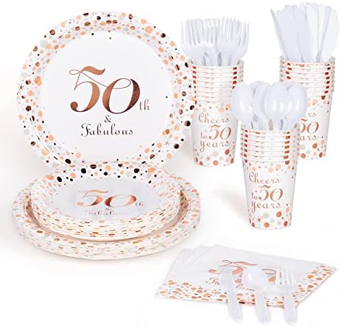 Decorlife 50th Birthday Placas e Gabinetes Servem 24, 50º aniversário Decorações para mulheres, xícaras, facas, garfos, colheres,